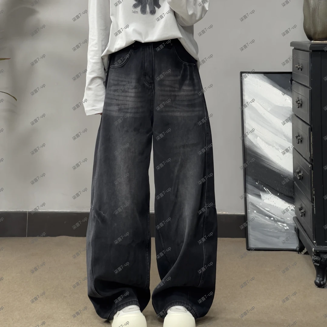 71139冬季加绒阔腿牛仔裤休闲百搭复古高街宽松水洗做旧美式牛仔.