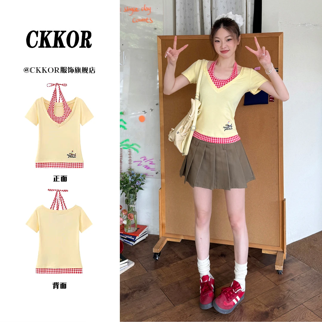 CKKOR韩系多巴胺假两件短袖t恤女夏季新款刺绣设计甜辣妹挂脖上衣