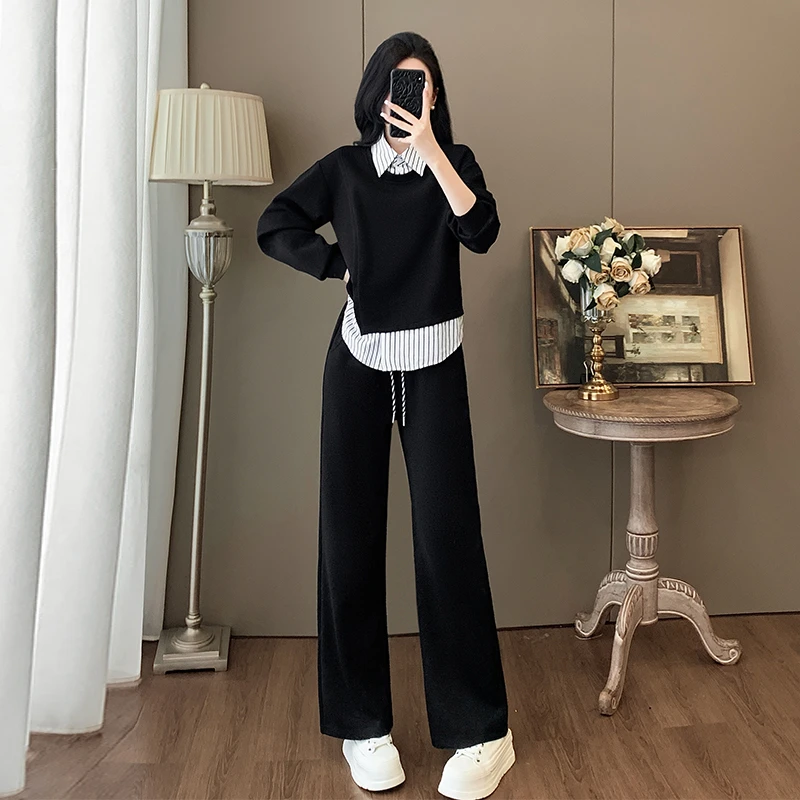 设计感时尚休闲运动假两件套女秋季休闲显瘦拼接上衣阔腿裤套装