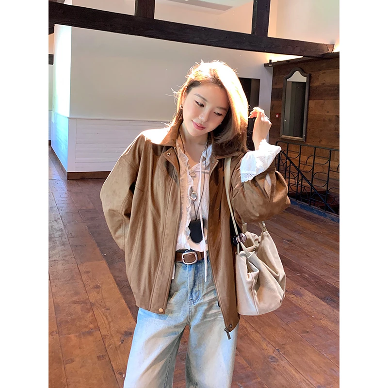 Jennie同款 手工扇骨立体压线 复古棕黄夹克C25B09109H