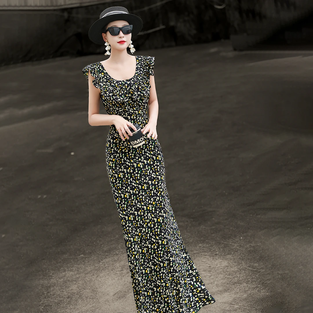 MEXCOCO/兰瑟儿新款气质收腰U领荷叶边碎花印花连衣裙105XL3104