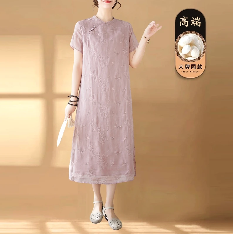 夏季时尚新款改良旗袍高端气质新中式复古刺绣轻盈文艺棉麻显瘦裙