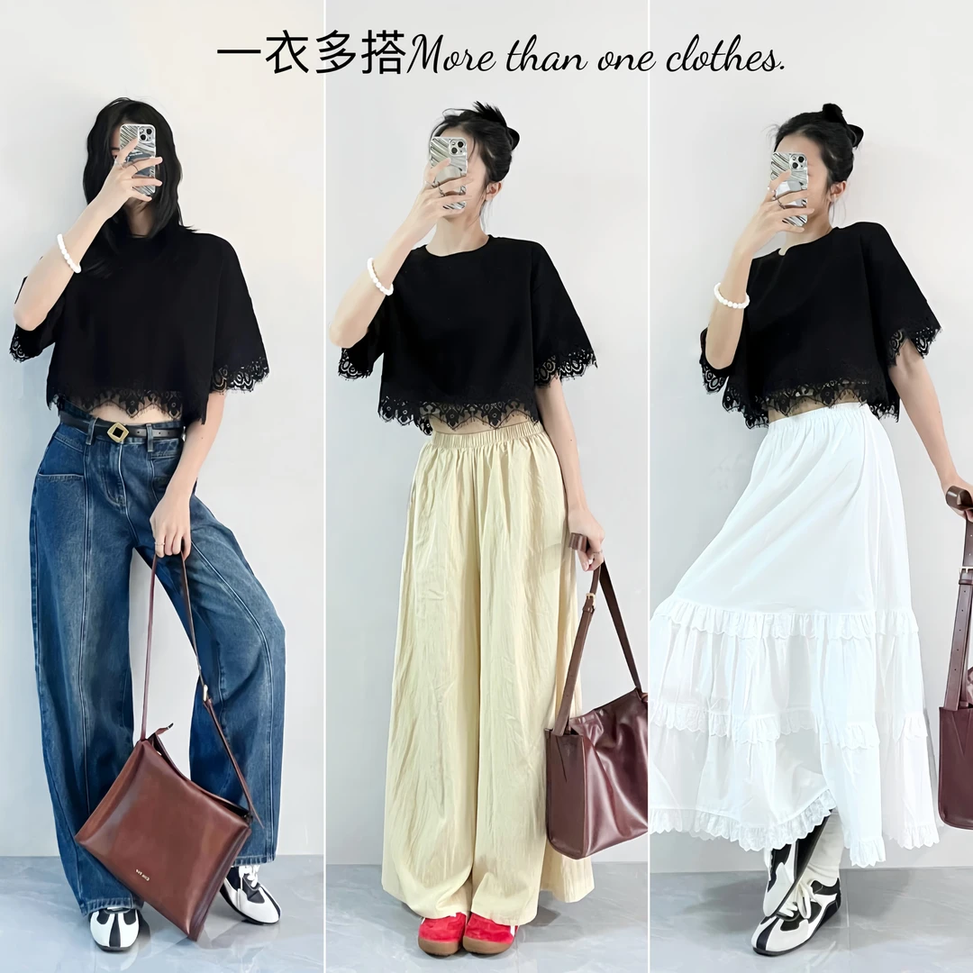 新款气质圆领休闲风洋气复古风宽松型韩版简约短款拼蕾丝棉T恤衫