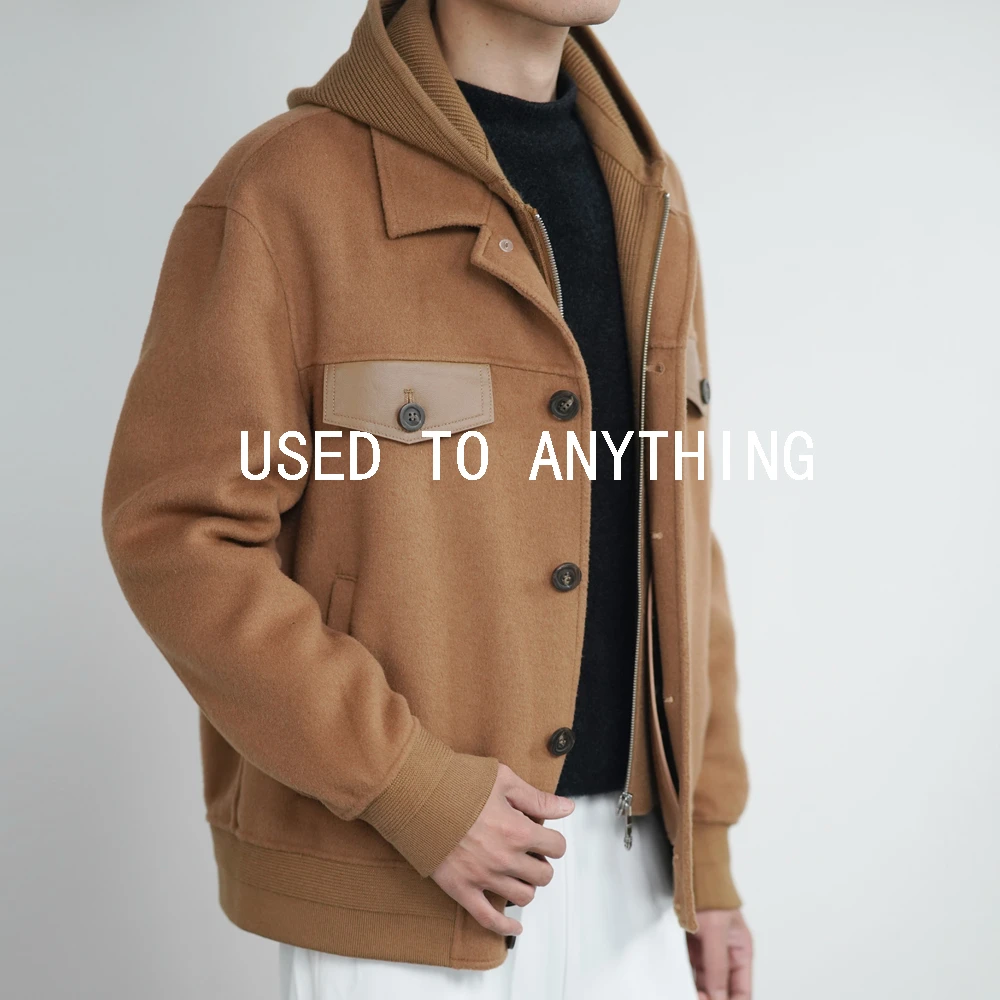 USED TO ANYTHING 双面澳州美利奴100羊毛翻领连帽男装大衣