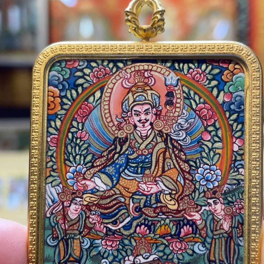 吊坠热贡纯手绘唐卡莲师三尊