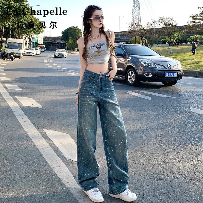 拉夏贝尔烫钻阔腿牛仔裤女高级感显瘦美式2025新款秋季季直筒裤子