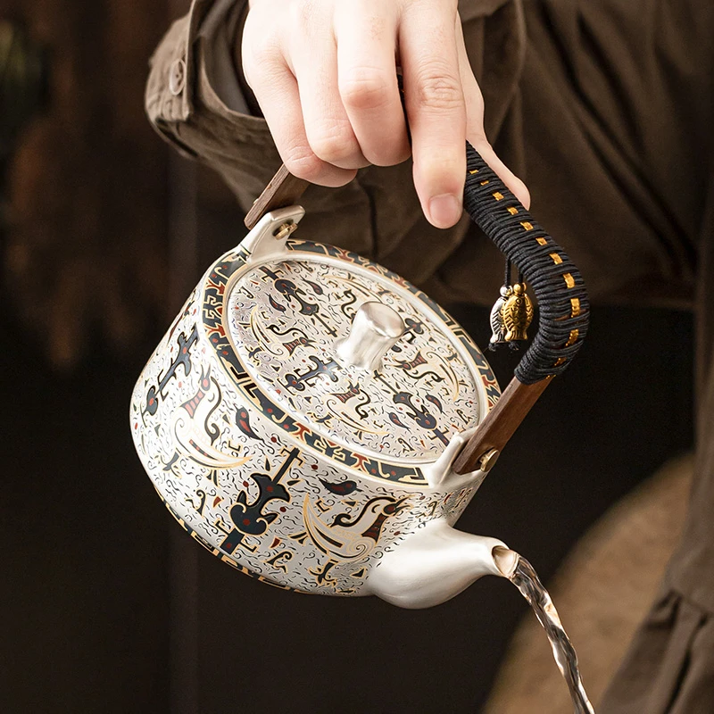 999鎏银茶壶泡茶家用凤鸟祥纹提溜提梁壶轻奢茶具单壶伴手礼