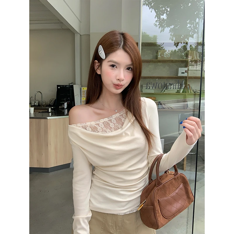 荡领长袖t恤女秋2025年新款设计感小众纯欲蕾丝独特漂亮小衫上衣