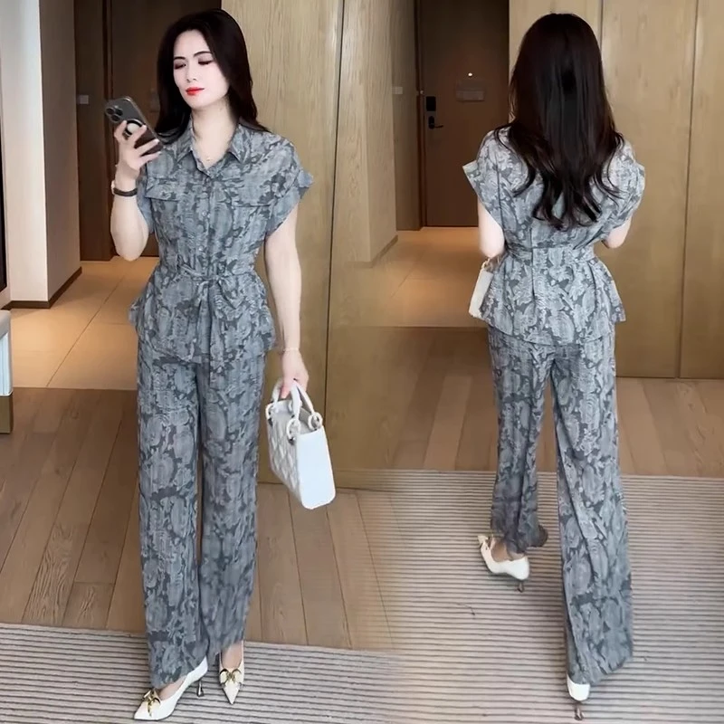 时尚显瘦套装女2025夏季新款气质洋气减龄印花衬衣阔腿裤两件套潮