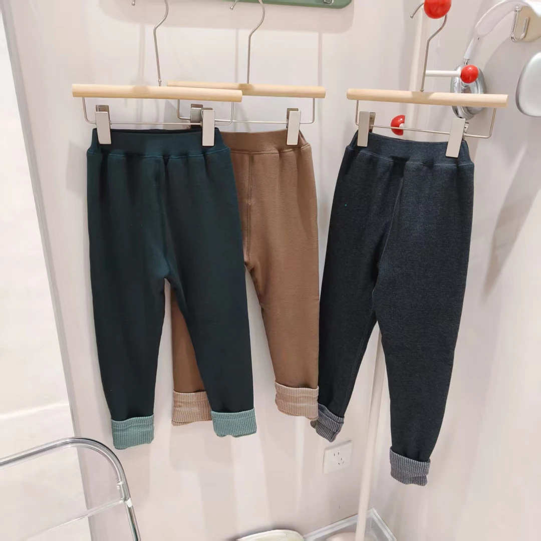 M404 女童冬季加绒加厚打底裤纯色翻边休闲百搭长裤