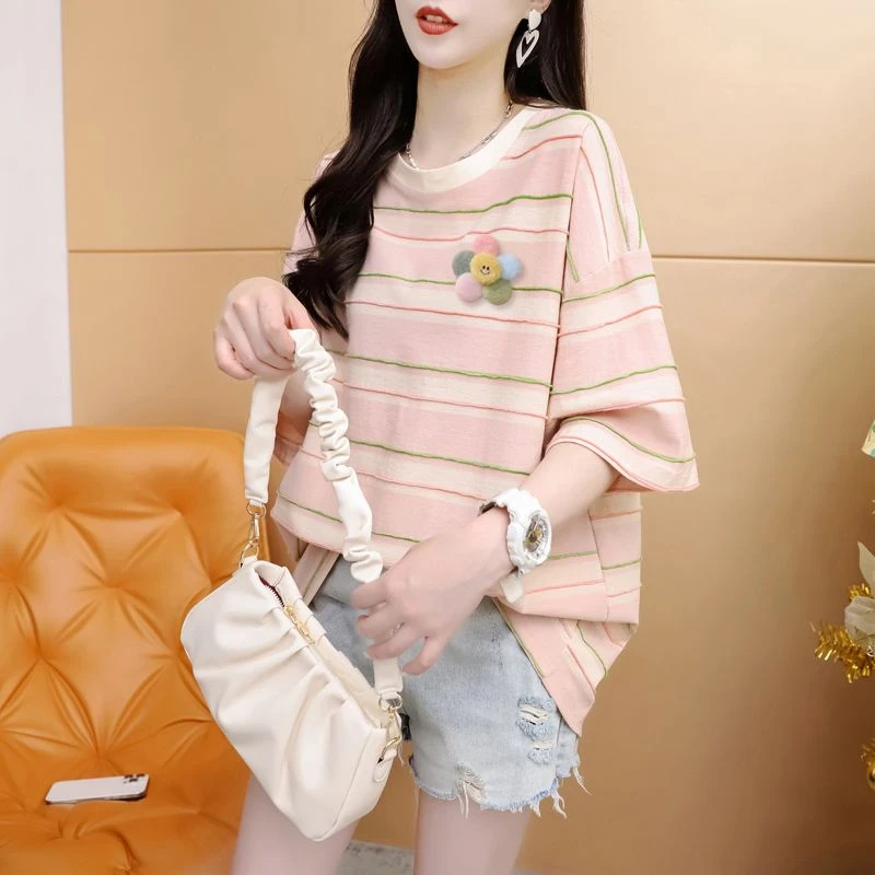 条纹t恤短袖女夏季外穿2025新款大童学生时尚百搭针织衫内搭上衣