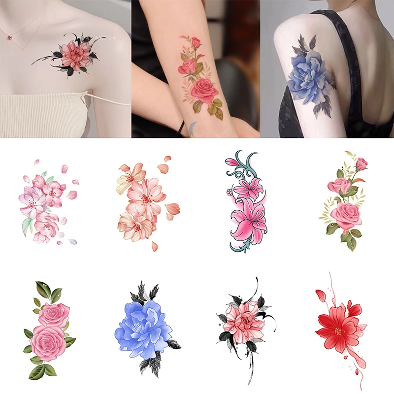 高级感小众彩色素花纹身贴防水持久女款性感锁骨手臂仿真遮盖疤痕