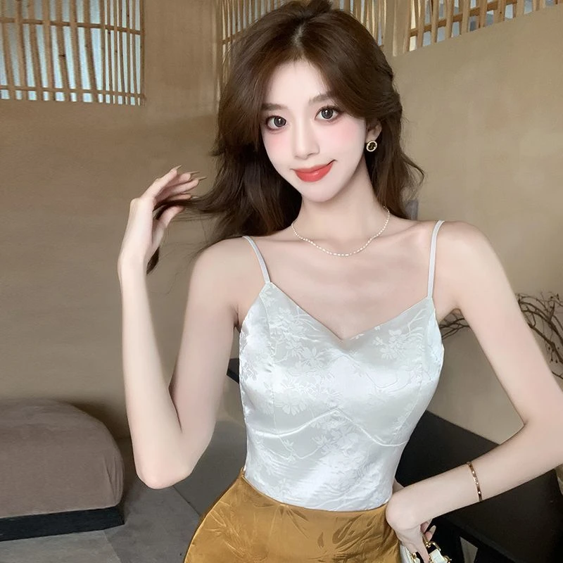 法式提花缎面吊带背心新中式上衣背带胸垫短款打底抹胸美上衣小众