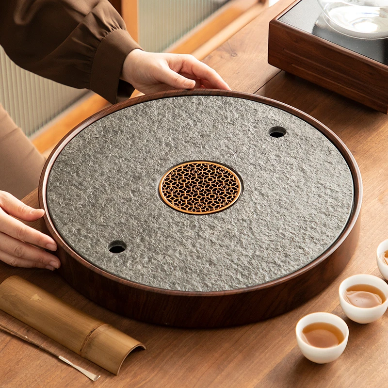2025新款高档储水式乌金石茶盘家用茶具小茶台圆形石头沥水茶托盘