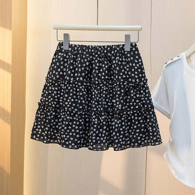 黑色碎花蛋糕短裙女高腰大码夏季胖mm遮肚显瘦梨形身材a字半身裙