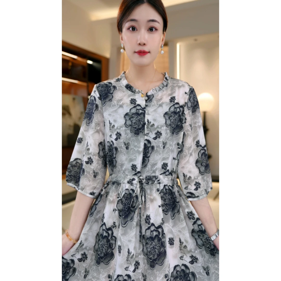 淡雅清香高端连衣裙高贵显瘦新款夏季中年妈妈装法式中长款-婷婷