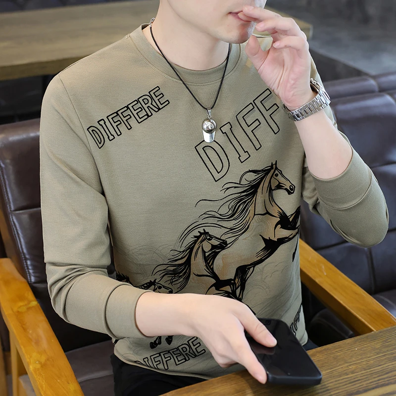 圆领潮流透气男士春秋打底衫卫衣长袖男装宽松时尚印花韩版春秋季