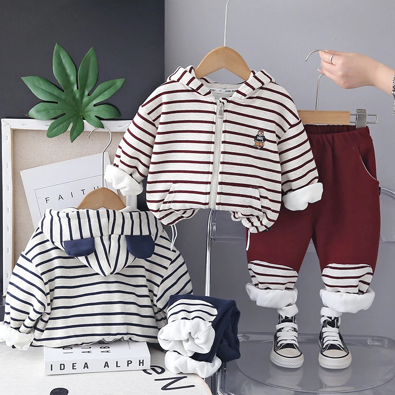 【沫沫家】男女童冬季加绒条子拉链外套套装新款洋气冬装外穿衣服