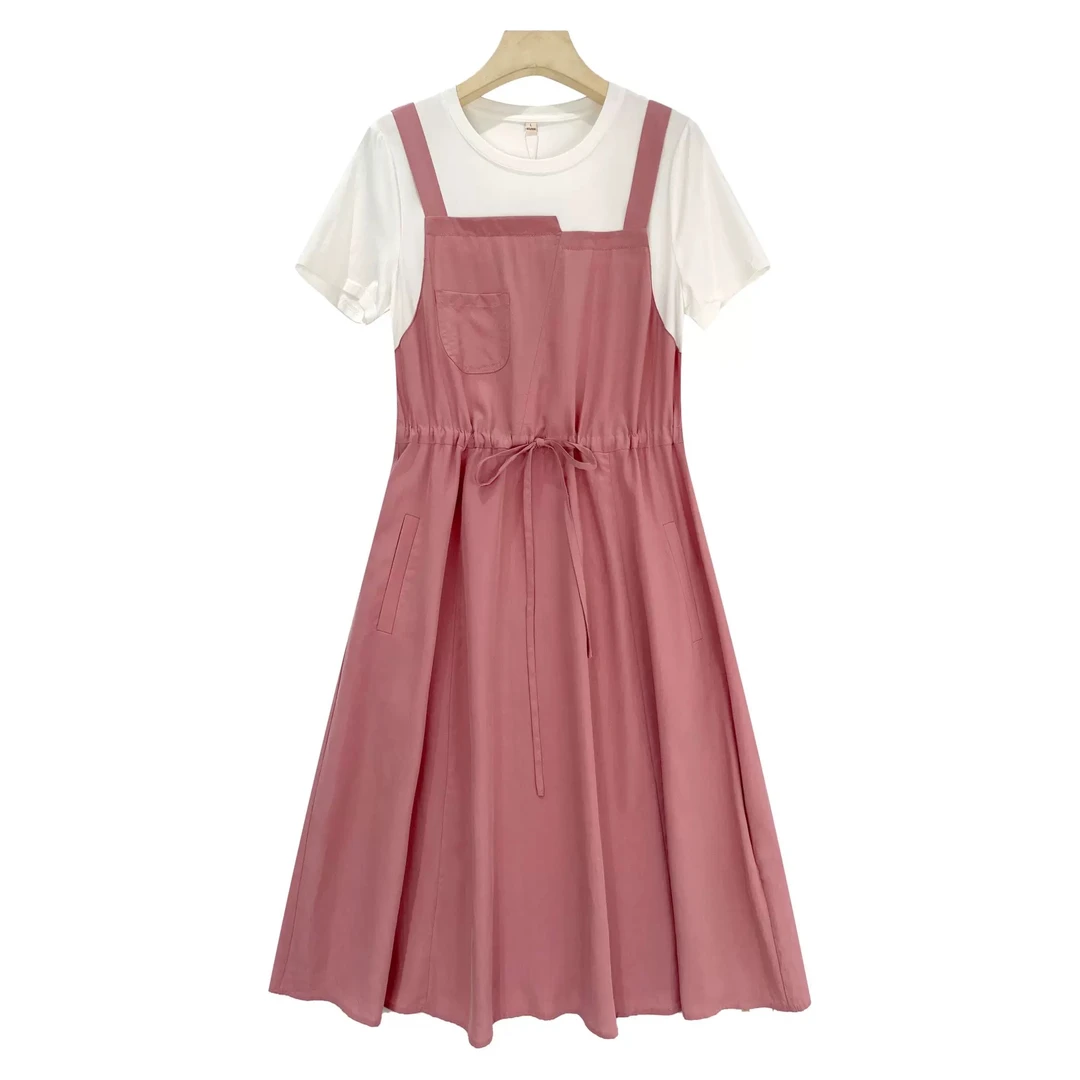 【W213粉白拼接】2025时尚优雅百搭洋气款夏季短袖中长款裙