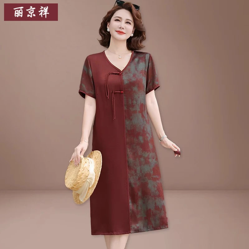 裙子中年女妈妈气质高级感中年女装短袖新中式中老年人夏装连衣裙