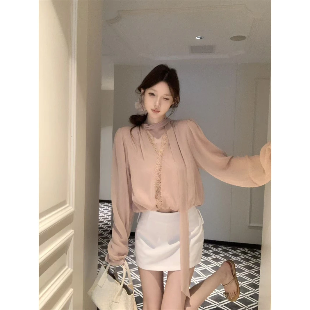 知性风衣服法式飘带领拼接蕾丝边宽松杏色短款气质衬衫上衣女