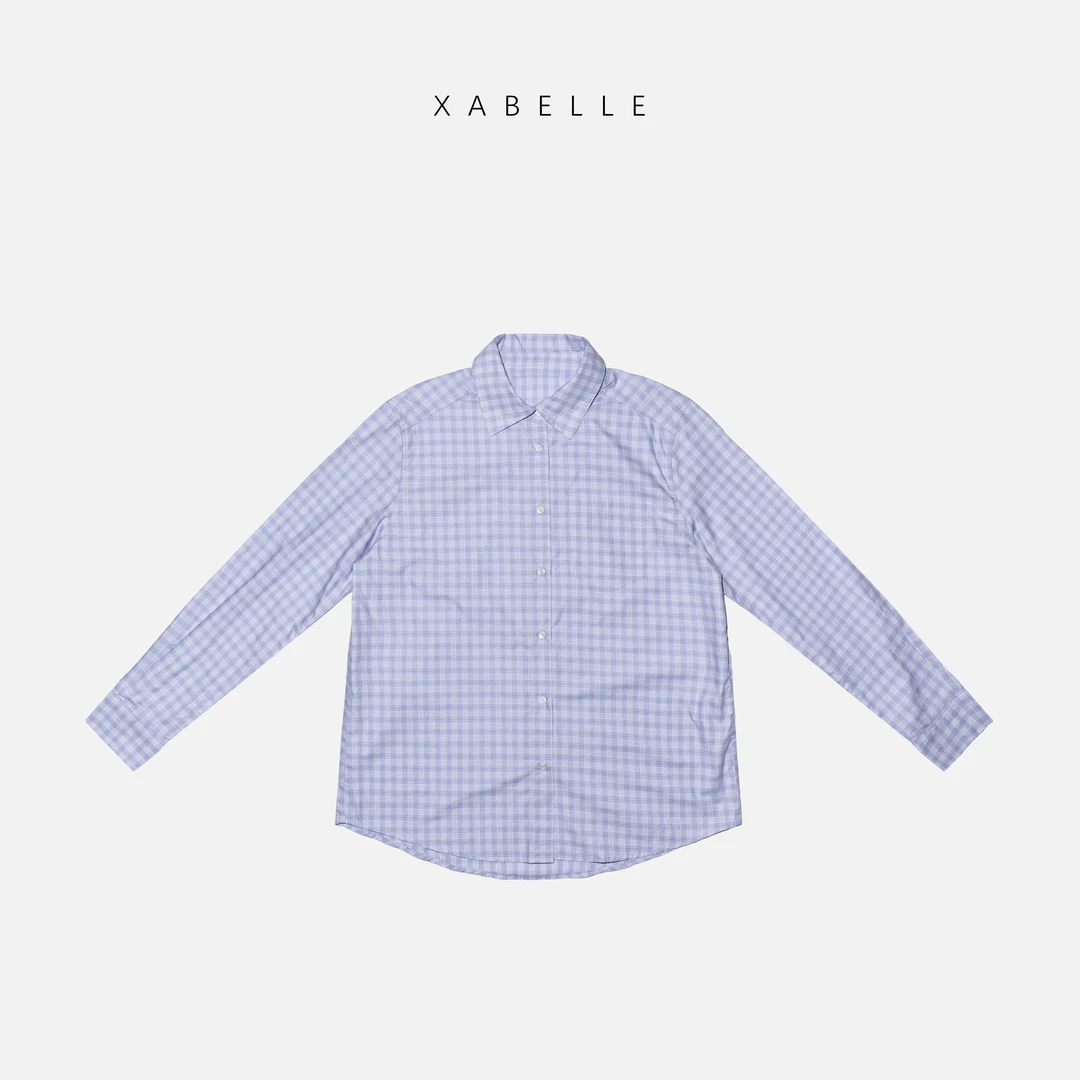 XABELLE 蓝格衬衫 25减龄清新 经典百搭格子薄款衬衫25028