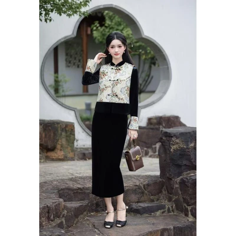 苏故里【翠羽惊鸿】新中式复古高端日常旗袍奢华气质套装衣长120