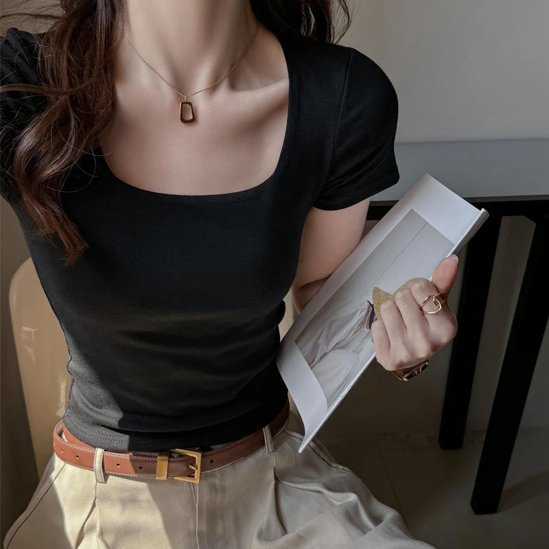 韩系纯棉方领内搭打底衫正肩短袖t恤女式辣妹显瘦修身百搭上衣