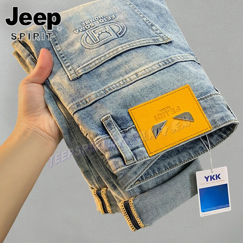 Jeep吉普高端欧货牛仔裤男美式潮牌复古个性凸印锥形弹力九分裤子