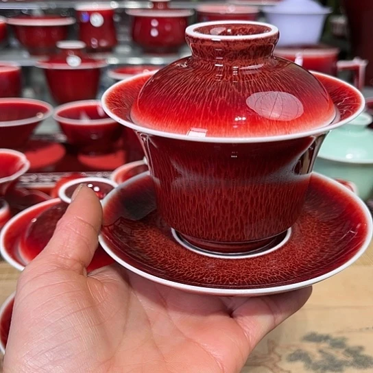 景德镇陶瓷红马坊盖碗