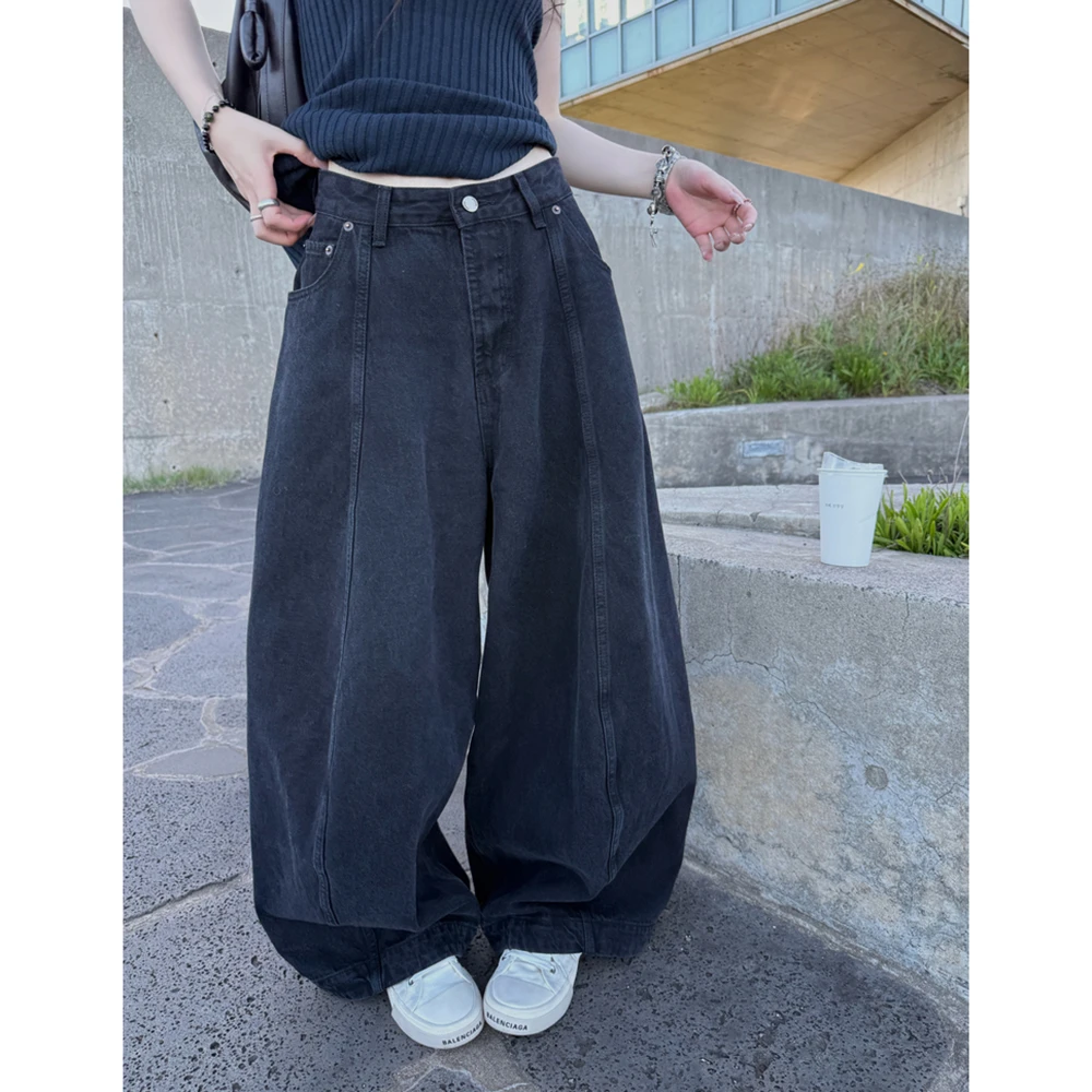 美式复古黑色弯刀牛仔裤女秋冬新款休闲宽松廓形直筒阔腿拖地裤子