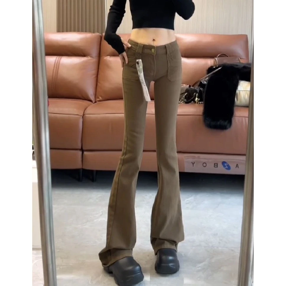 高个子加长复古微喇牛仔裤女夏季咖色低腰修身显瘦喇叭拖地马蹄裤