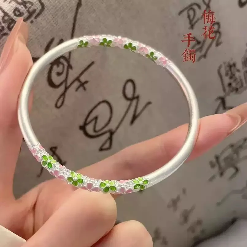 足银手镯 足银手镯 【A55】足银999珐琅彩花卉实心闭口银手镯