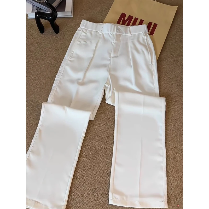 白色三本针压褶西裤男款秋季cleanfit冰丝垂感裤子修身直筒微喇裤