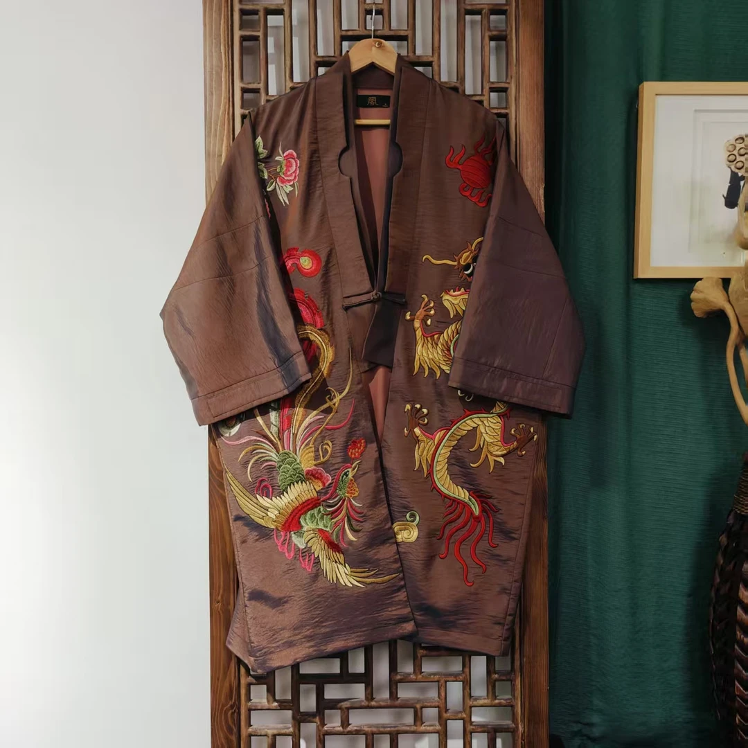 龙凤（LS755-1）凤徕兮私人定制深棕色光板底龙凤刺绣对襟开衫风衣