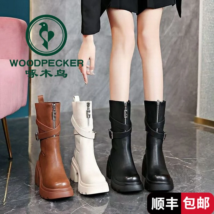 啄木鸟女款防水台高跟短靴女鞋2025新款厚底时装靴前拉链皮带扣粗