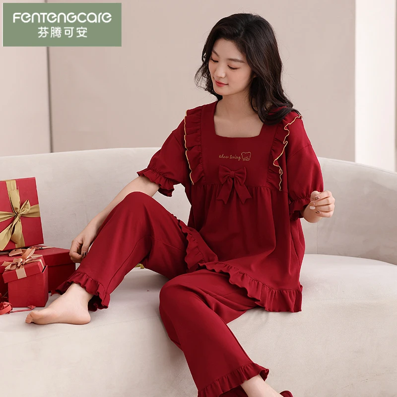 芬腾可安夏季睡衣女红色纯棉短袖长裤新婚本命年家居服高级可外穿