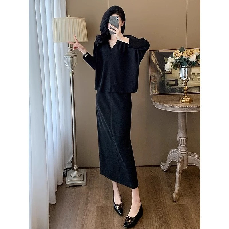 高级感穿搭时尚套装女2025早春季V领长袖上衣半身裙长裙两件套装