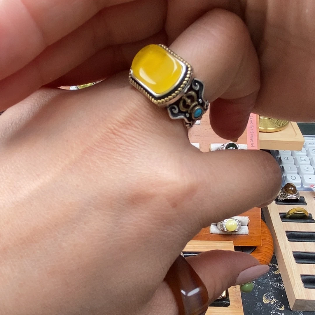 琥珀银S925镶嵌戒指琥珀