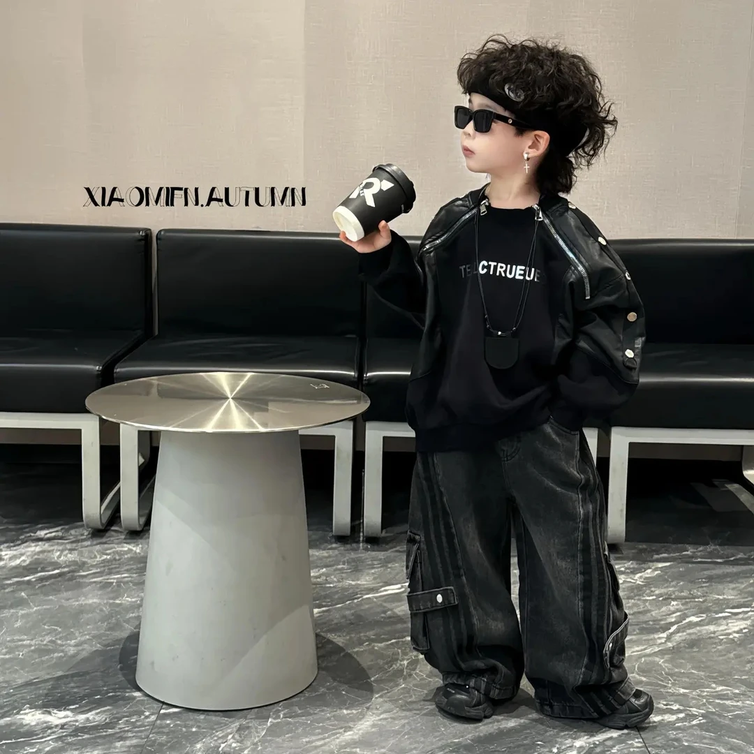 男童秋冬套装中大童韩版拼接洋气卫衣休闲做旧牛仔裤痞帅两件套潮