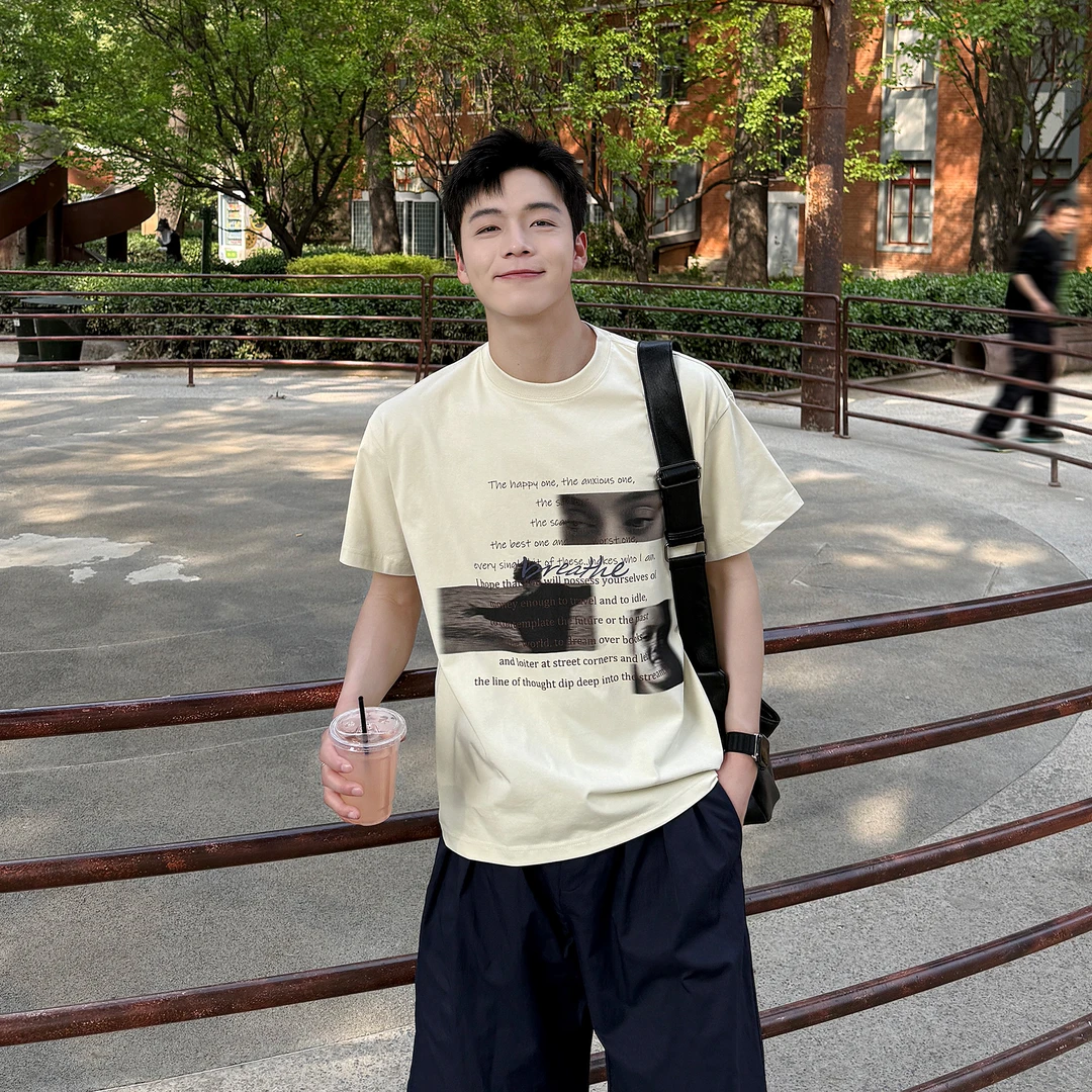 米白色索罗娜凉感t恤美式人物透气字母印花t2025夏季宽松重磅短袖