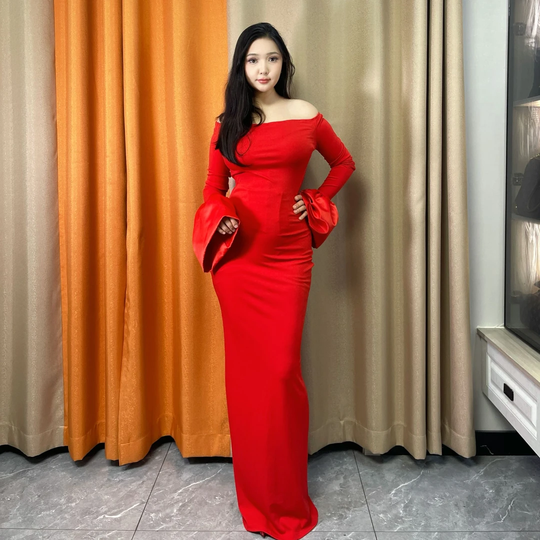 欧美女装新款时尚一字领花苞袖口长袖修身开叉长裙连衣裙优雅