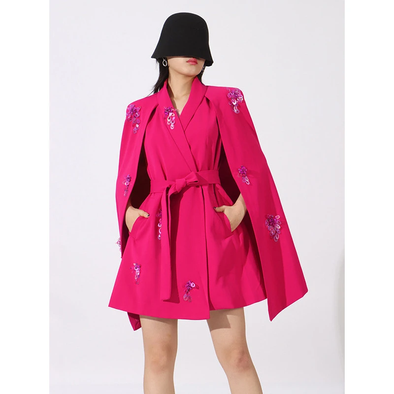 2025欧美走秀款高级感外套秋季新款拼接亮片斗篷式修身小西装女潮