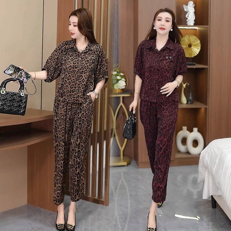 豹纹时尚休闲套装女夏季2025新款中年妈妈洋气减龄宽松显瘦两件套