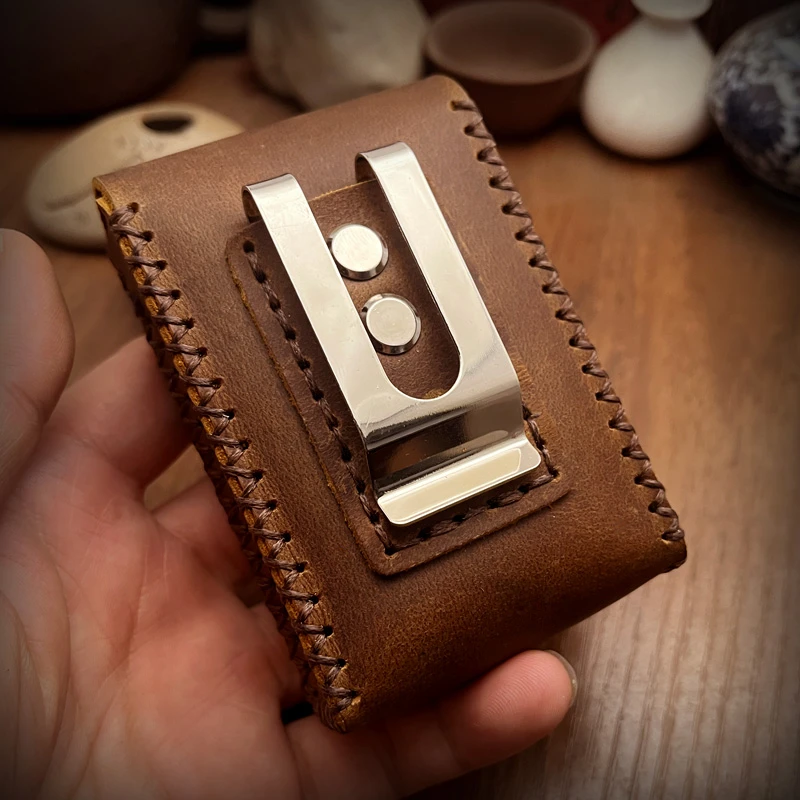 NP28钢夹版粗烟盒整包装疯马皮头层厚牛皮手工缝制经典可20支装