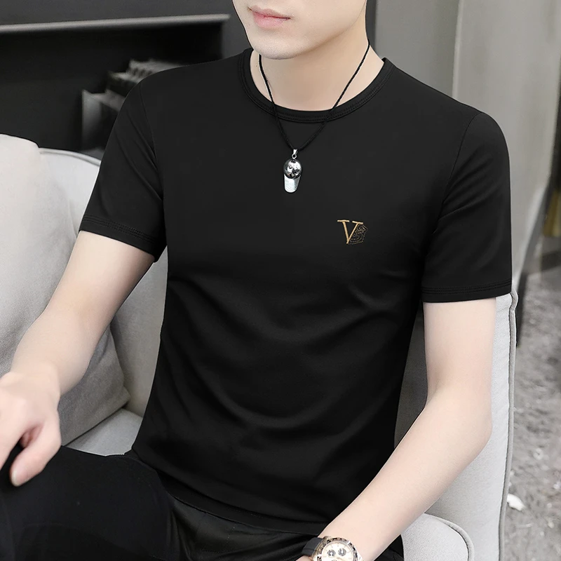 丝光莫代尔 冰丝t恤男士夏季品质圆领速干白色体恤上衣服短袖衫男