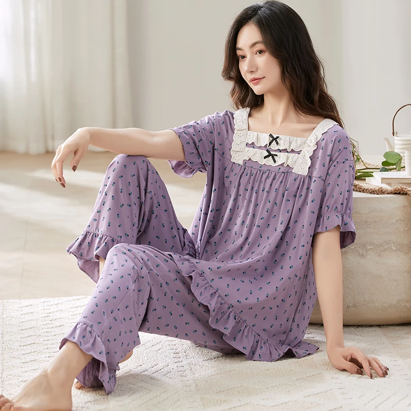 2025夏季新款短袖长裤睡衣女士甜美日系碎花高档丝光棉家居服套装