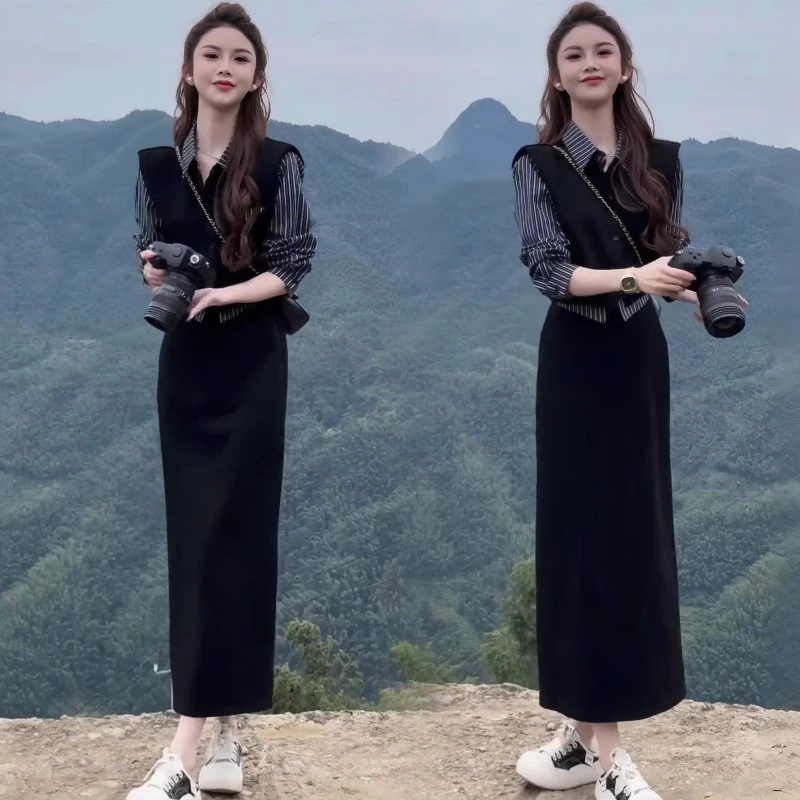 韩系气质时尚套装女春秋季新款衬衫马甲上衣高腰半身裙减龄两件套