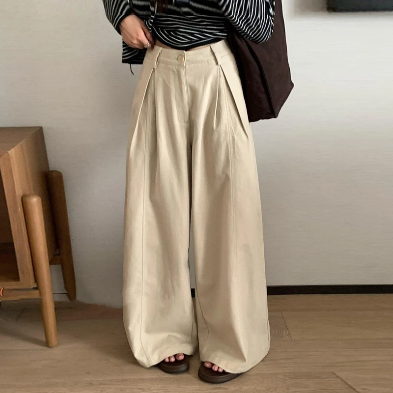 韩系复古卡其高腰直筒阔腿裤女宽松垂感休闲裤秋季百搭慵懒工装裤