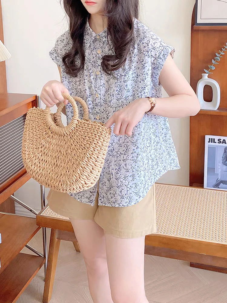 短袖衬衫女2025年夏季新款法式复古宽松小包袖小衫蓝碎花纯棉上衣